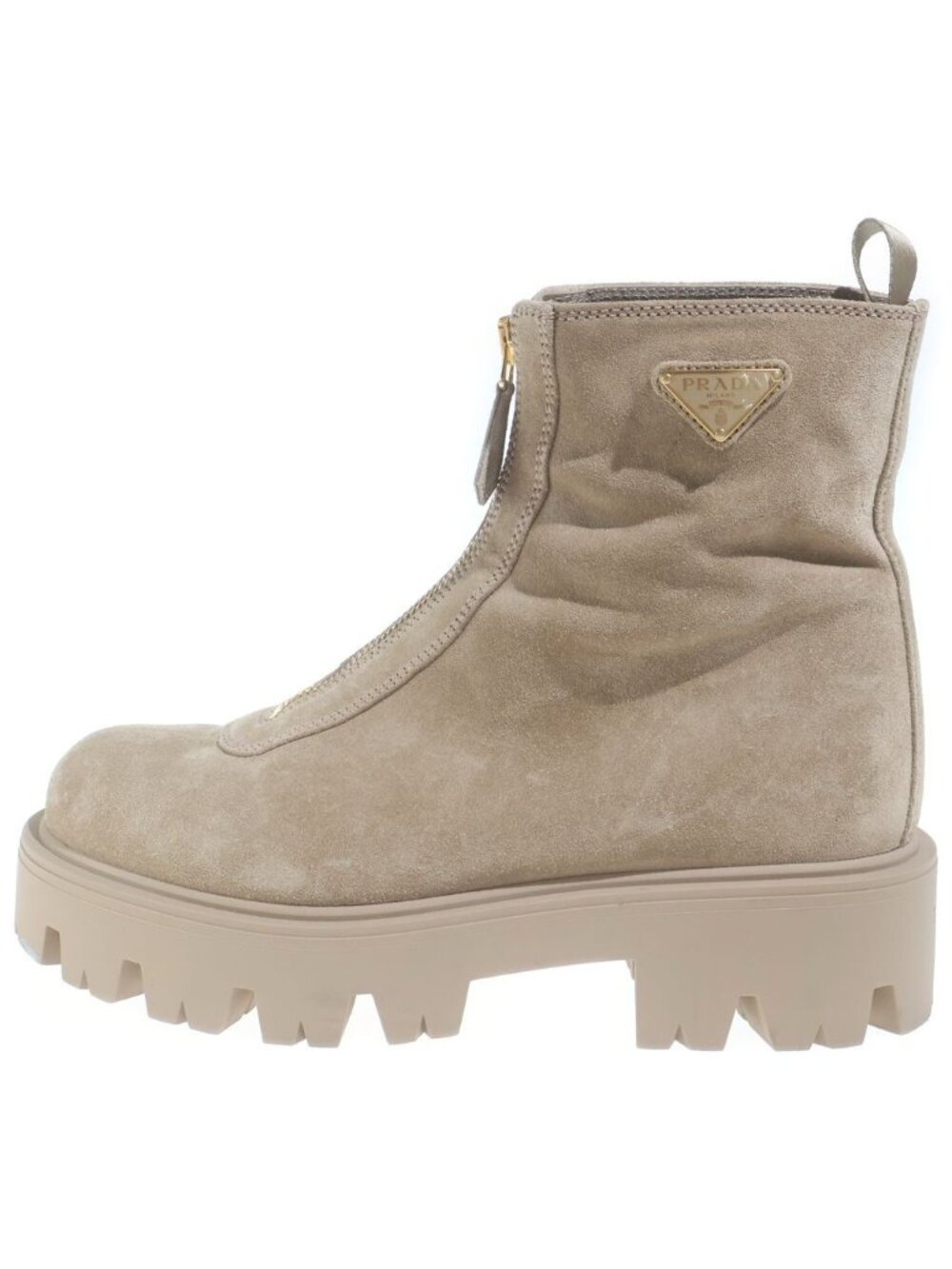 Prada Suede Zip Booties Triangle Plate Center Zip Ankle Boots Beige